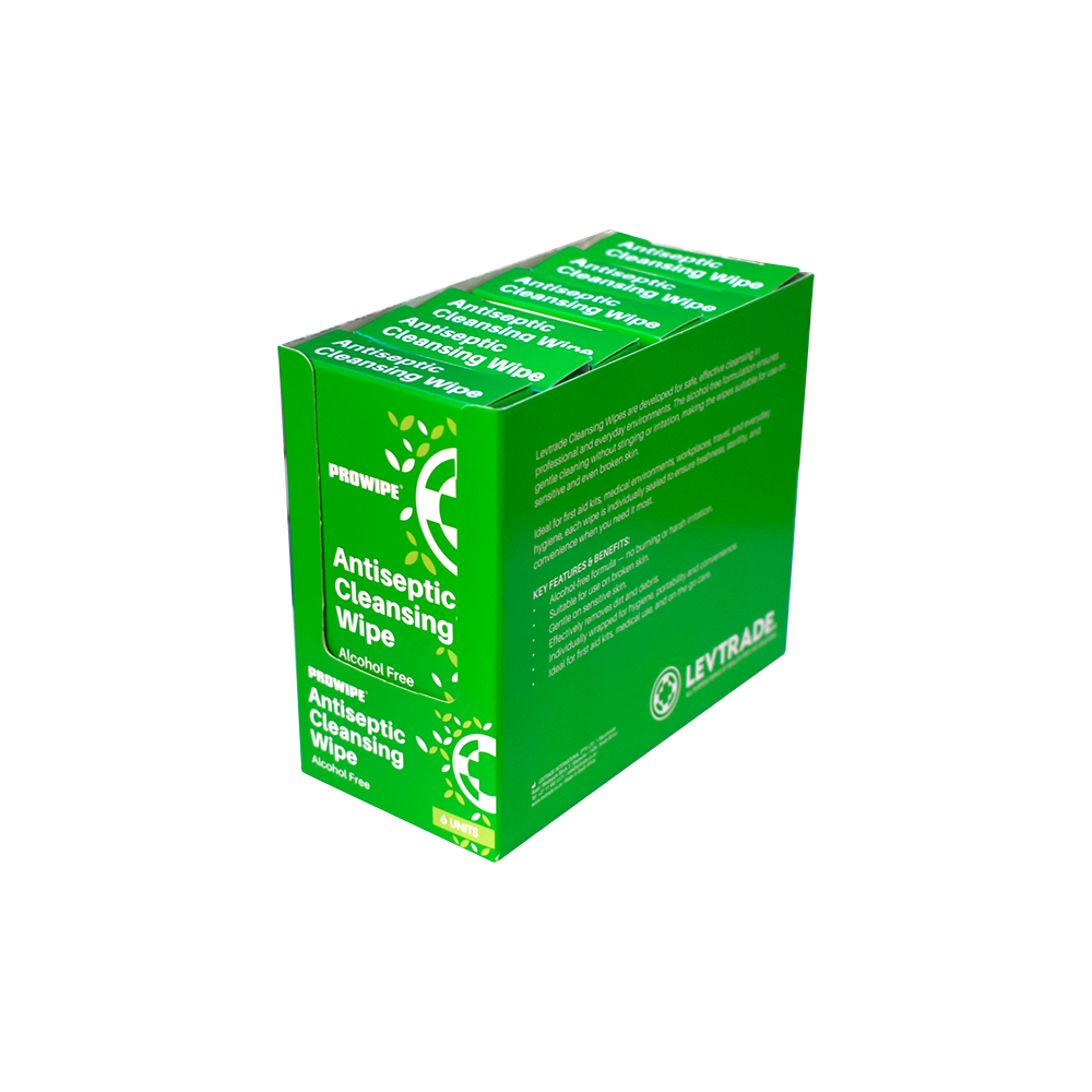 Levtrade_Antiseptic_Cleansing_Wipe_Disp_6s_angled - Burnshield antiseptic cleansing wipe sachet box of 6