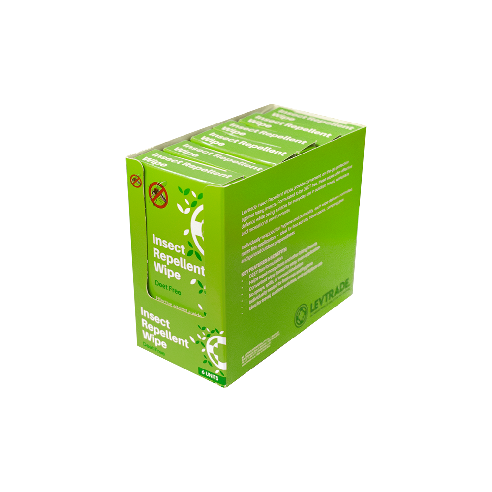 Levtrade_Insect_Repellent_Wipe_Disp_6s_angled - Burnshield insect repellent wipes display